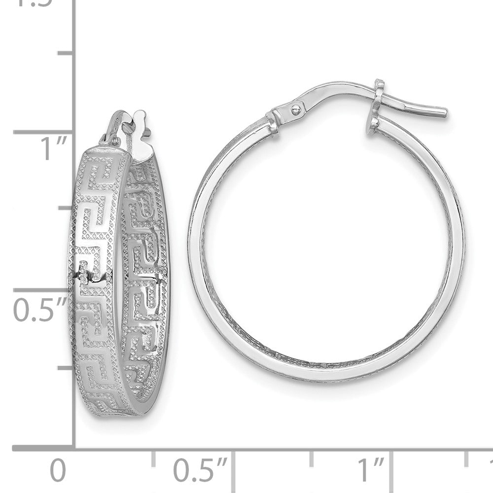 Sterling Silver Rhodium-plated Polished Textured In and Out Greek Key 4.00 x 23mm Hoop Earrings