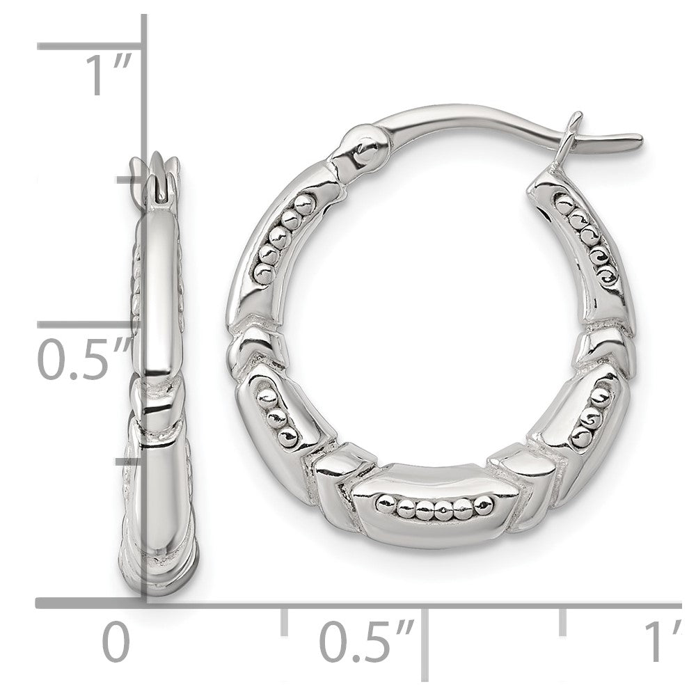 Sterling Silver Polished Beaded and Grooved Round Hollow Hoop Earrings