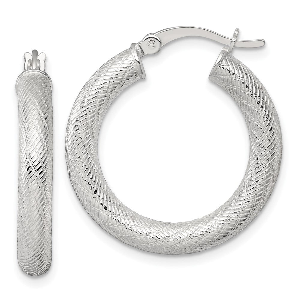 Sterling Silver Polished and Textured 25x4.0mm Round Hoop Earrings