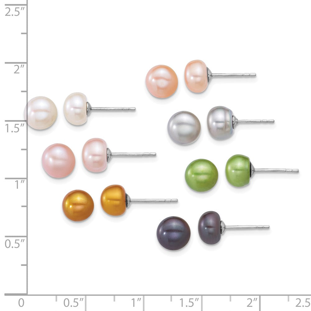 Sterling Silver Rhodium-plated 7-8mm Button White/Pink/Yellow/Peach/Grey/Green/Black Freshwater Cultured Pearl 7-Pair Boxed Post Earring Set