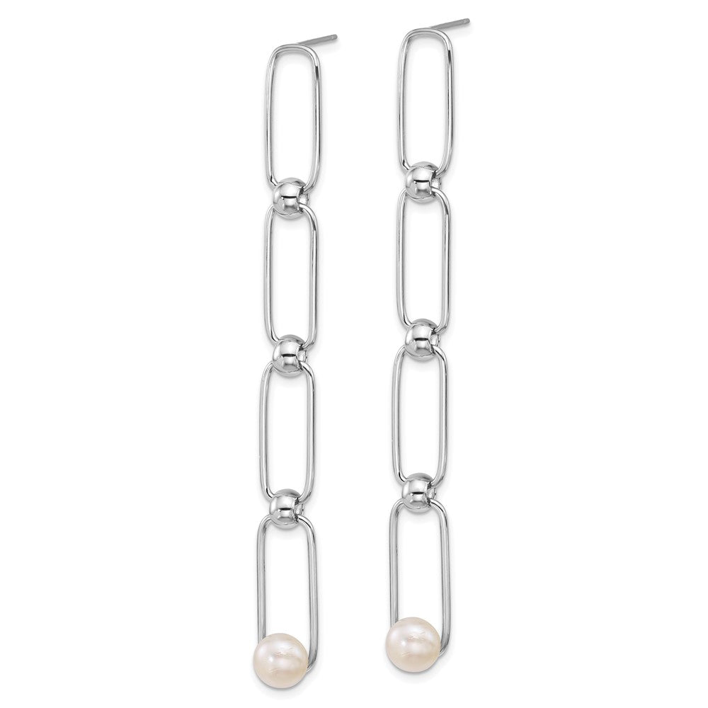 Sterling Silver Rhodium-plated 6-7mm Button White Freshwater Cultured Pearl and Bead Long Link Dangle Post Earrings