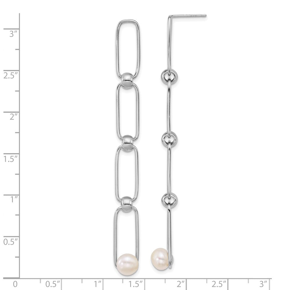 Sterling Silver Rhodium-plated 6-7mm Button White Freshwater Cultured Pearl and Bead Long Link Dangle Post Earrings