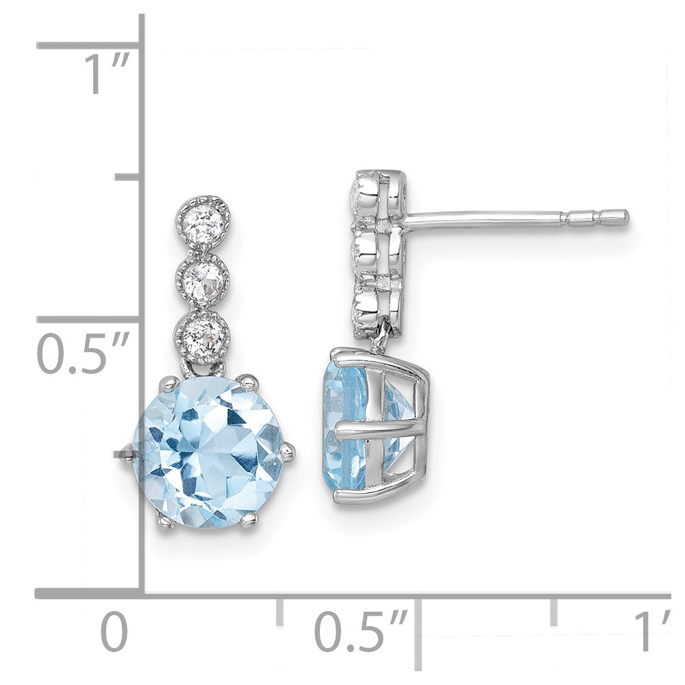 Sterling Silver Rhodium-plated Polished and Beaded Round Sky Blue and White Topaz Dangle Post Earrings