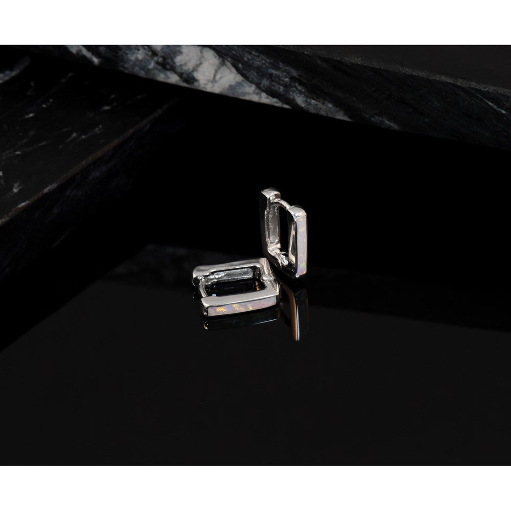 Sterling Silver Rhodium-plated Polished Lab Created Opal Square Hinged Hoop Earrings
