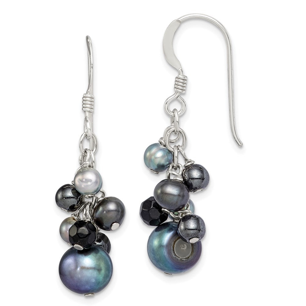 Sterling silver;Freshwater cultured pearl;Onyx;Shepherd hook;Dangle
