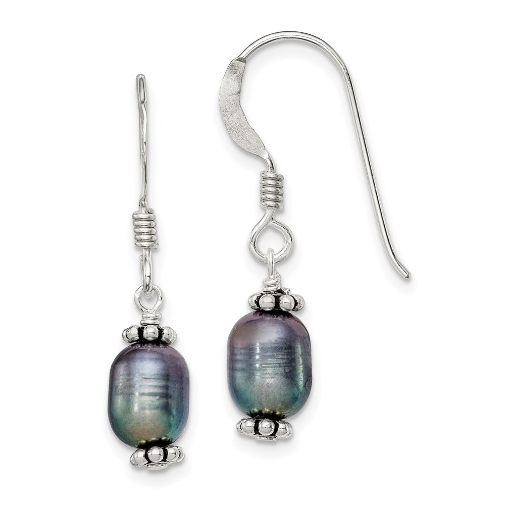 Antique finish;Sterling silver;Freshwater cultured pearl;Shepherd hook;Black cultured pearl;Dangle