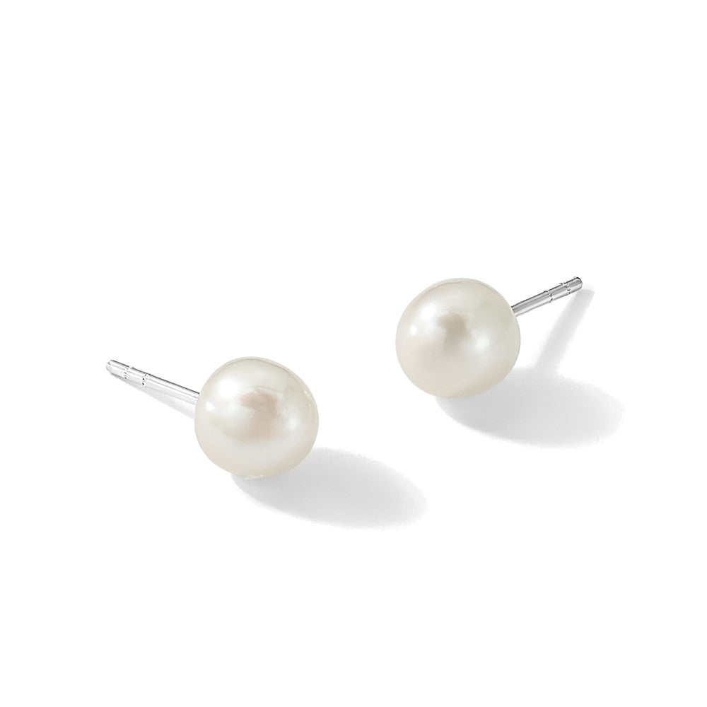 Sterling Silver White FW Cultured Pearl 7-7.5mm Button Earrings