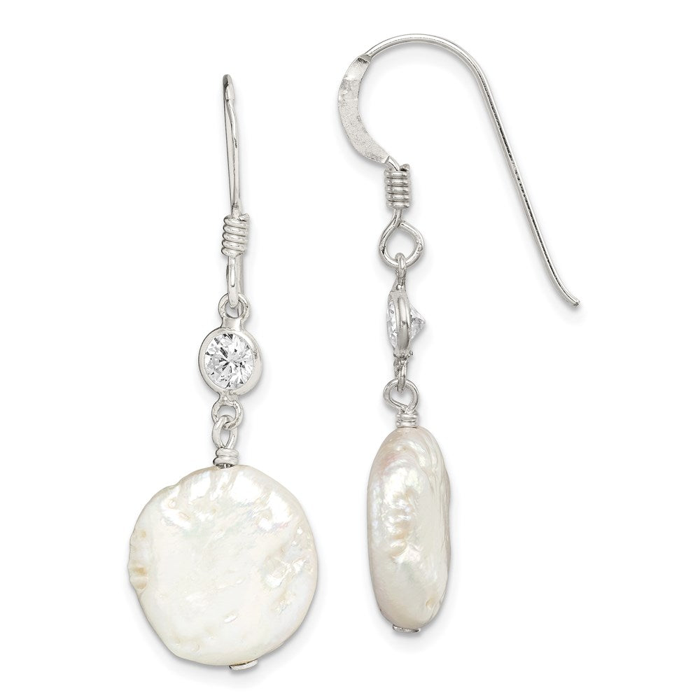 Sterling silver;Freshwater cultured pearl;CZ;Shepherd hook;Coin pearl;French wire