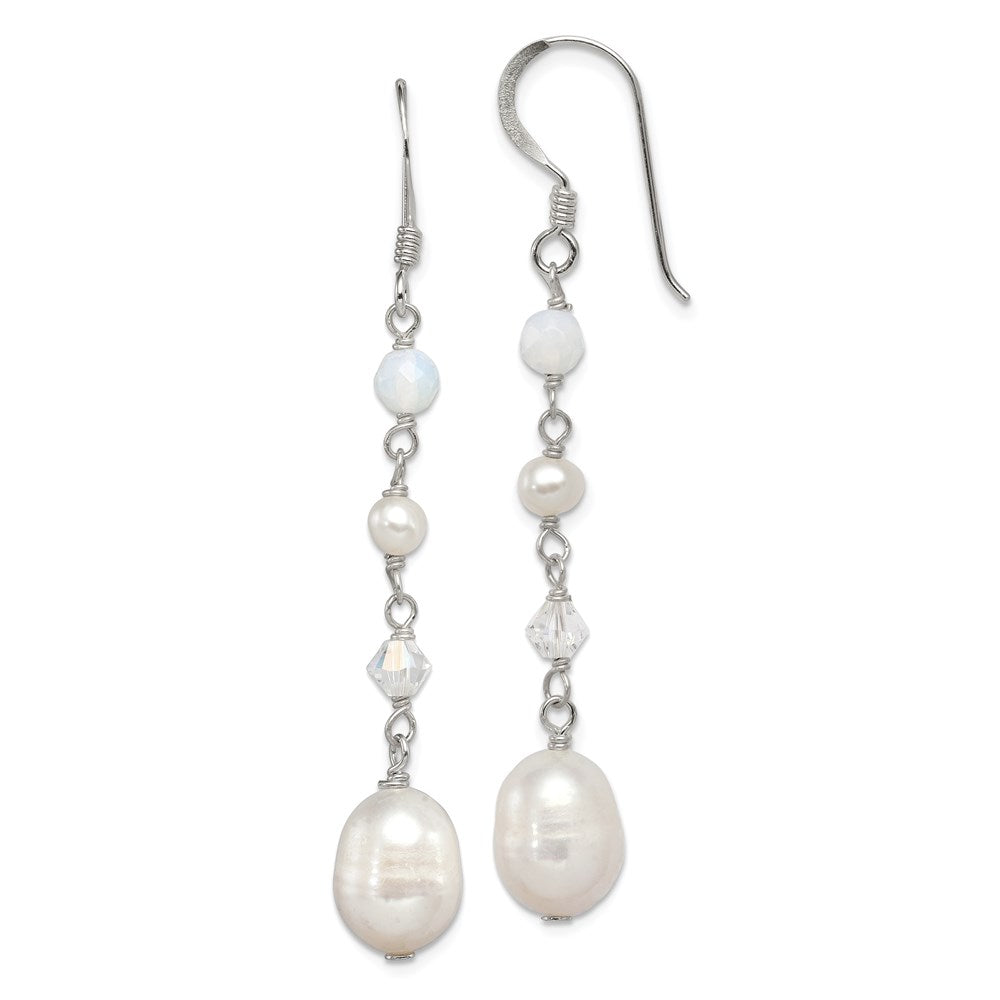 Sterling silver;Freshwater cultured pearl;Crystal;Shepherd hook;Dangle;White;Opalite