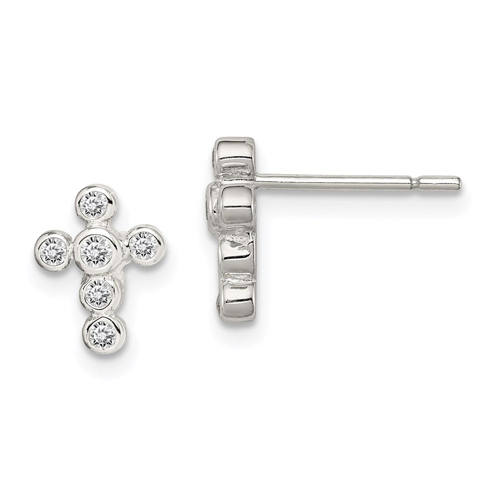 Casted;Polished;Post;Sterling silver;CZ;Bezel;Cross