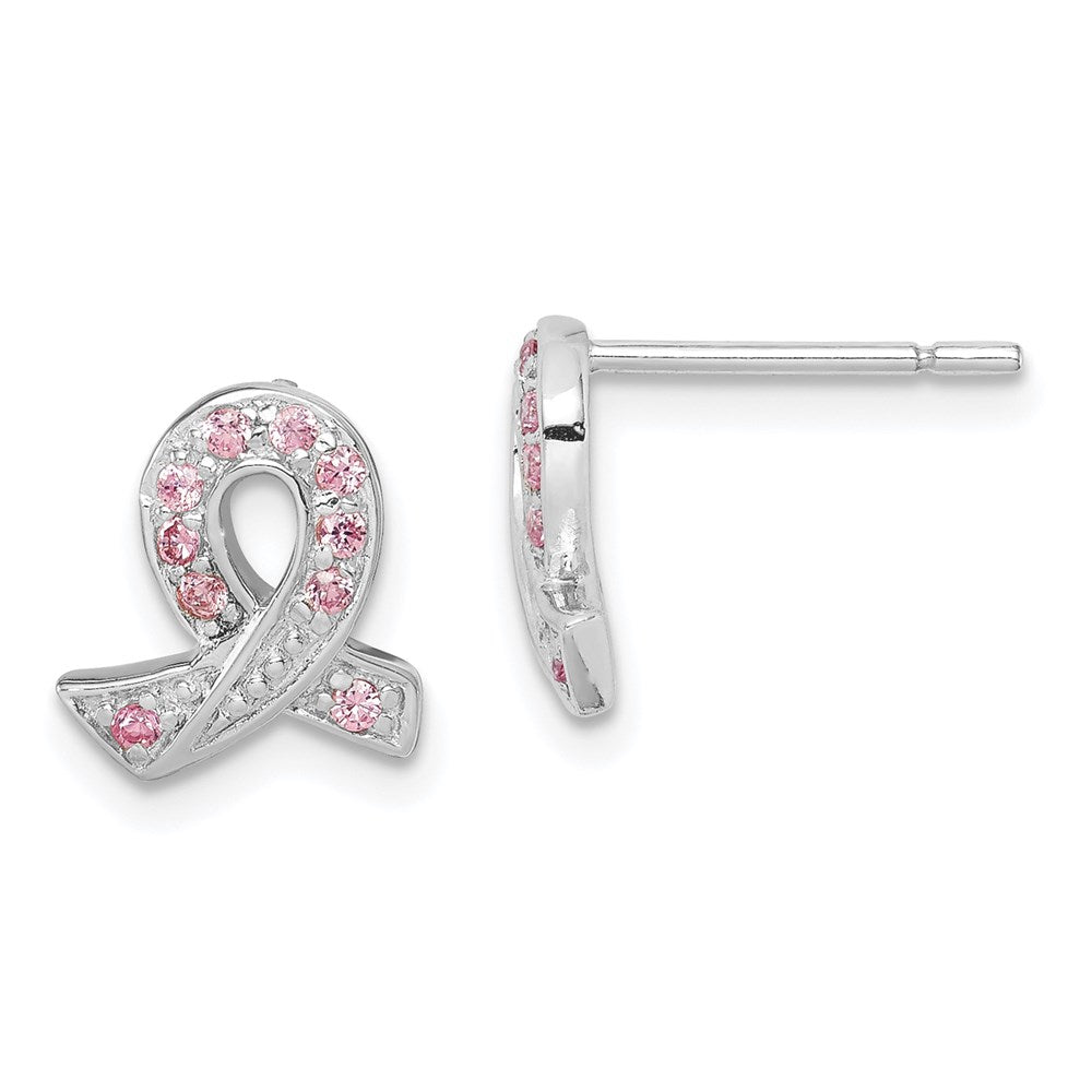 Solid;Polished;Post;Sterling silver;CZ;Rhodium-plated;Pink
