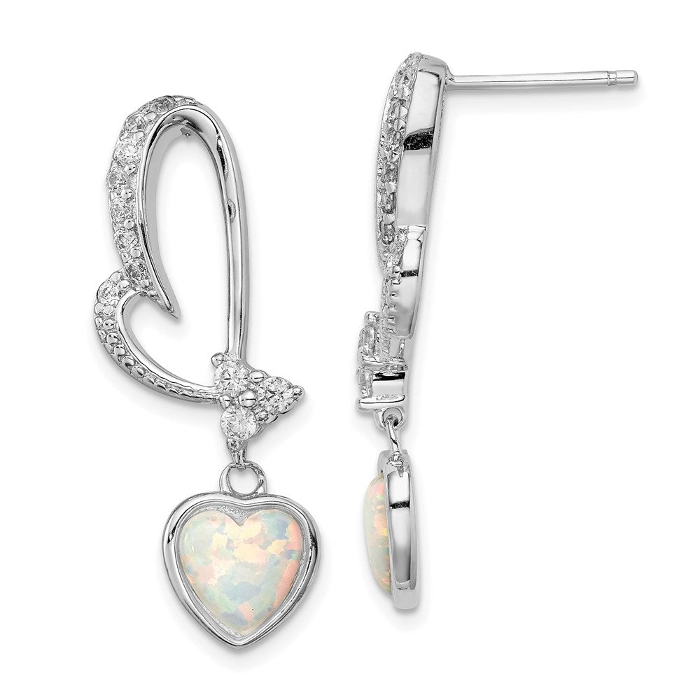 Polished;Post;Sterling silver;CZ;Opal;Dangle;Rhodium-plated;Heart