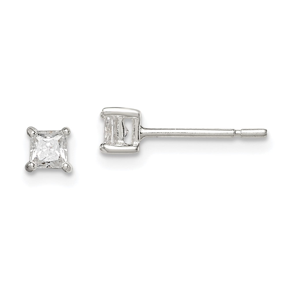 Post;Sterling silver;CZ;Prong set;Princess Cut;Basket setting