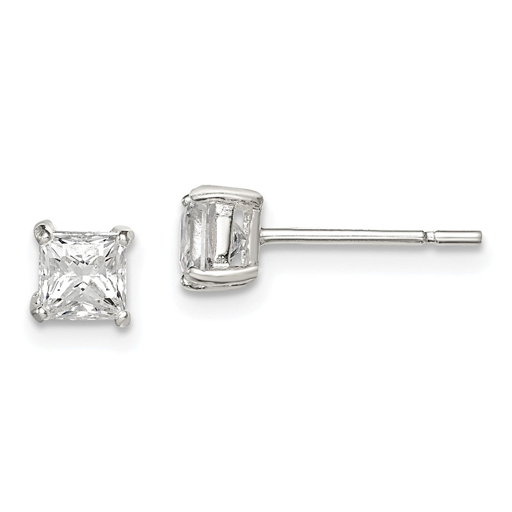 Post;Sterling silver;CZ;Prong set;Princess Cut;Basket setting
