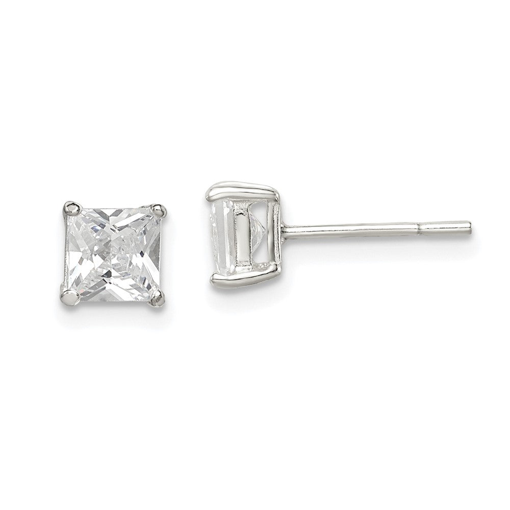 Post;Sterling silver;CZ;Prong set;Princess Cut;Basket setting