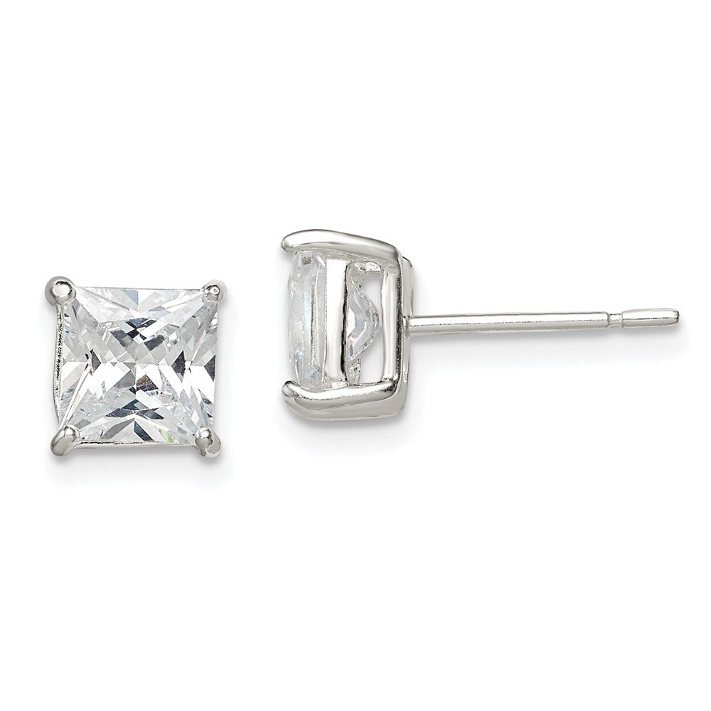 Post;Sterling silver;CZ;Prong set;Princess Cut;Basket setting