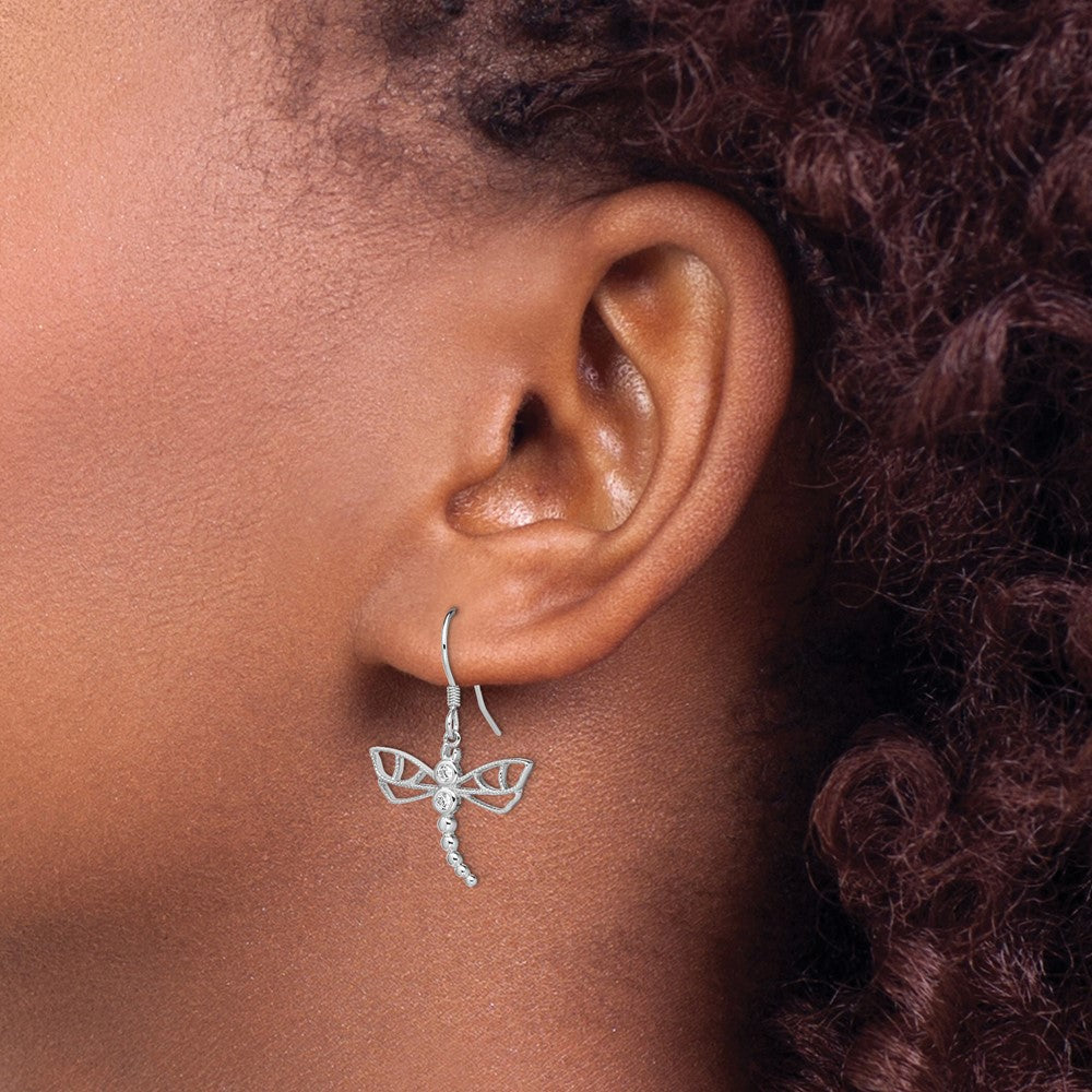 Sterling Silver Rhodium-plated CZ Dragonfly Earrings