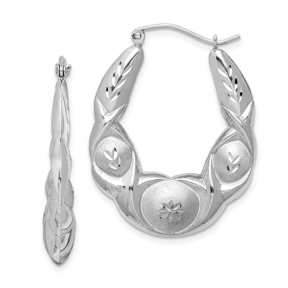 Diamond-cut;3-D;Hollow;Hinged post;Sterling silver;Rhodium-plated;Polished & satin