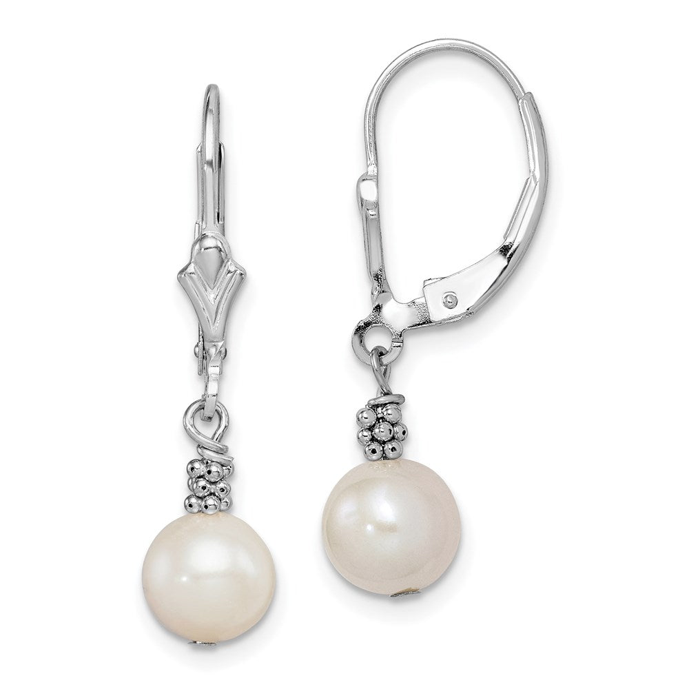 Polished;Leverback;Sterling silver;Freshwater cultured pearl;Dangle;Rhodium-plated