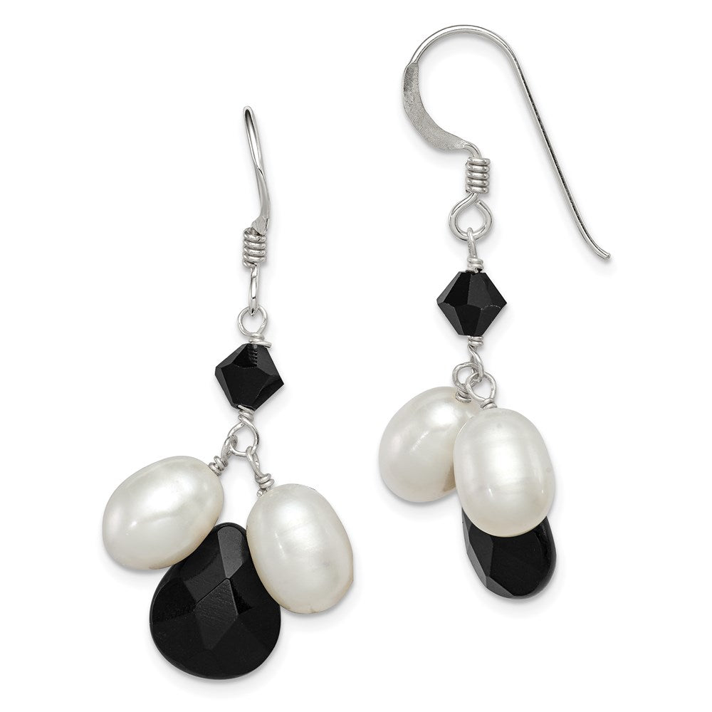 Genuine;Sterling silver;Freshwater cultured pearl;Onyx;Crystal;Shepherd hook;Dangle