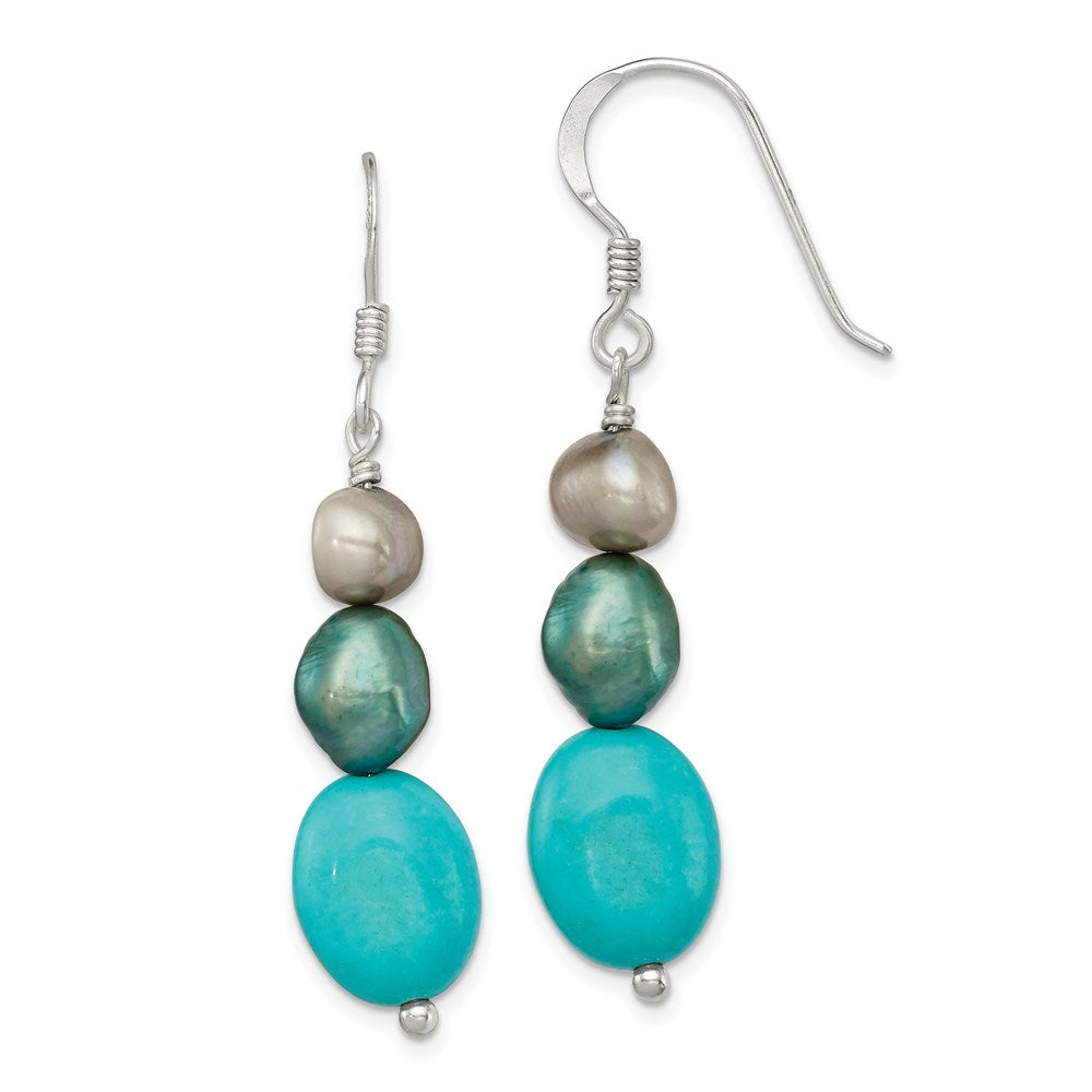 Sterling silver;Dyed;Freshwater cultured pearl;Turquoise;Shepherd hook;Green