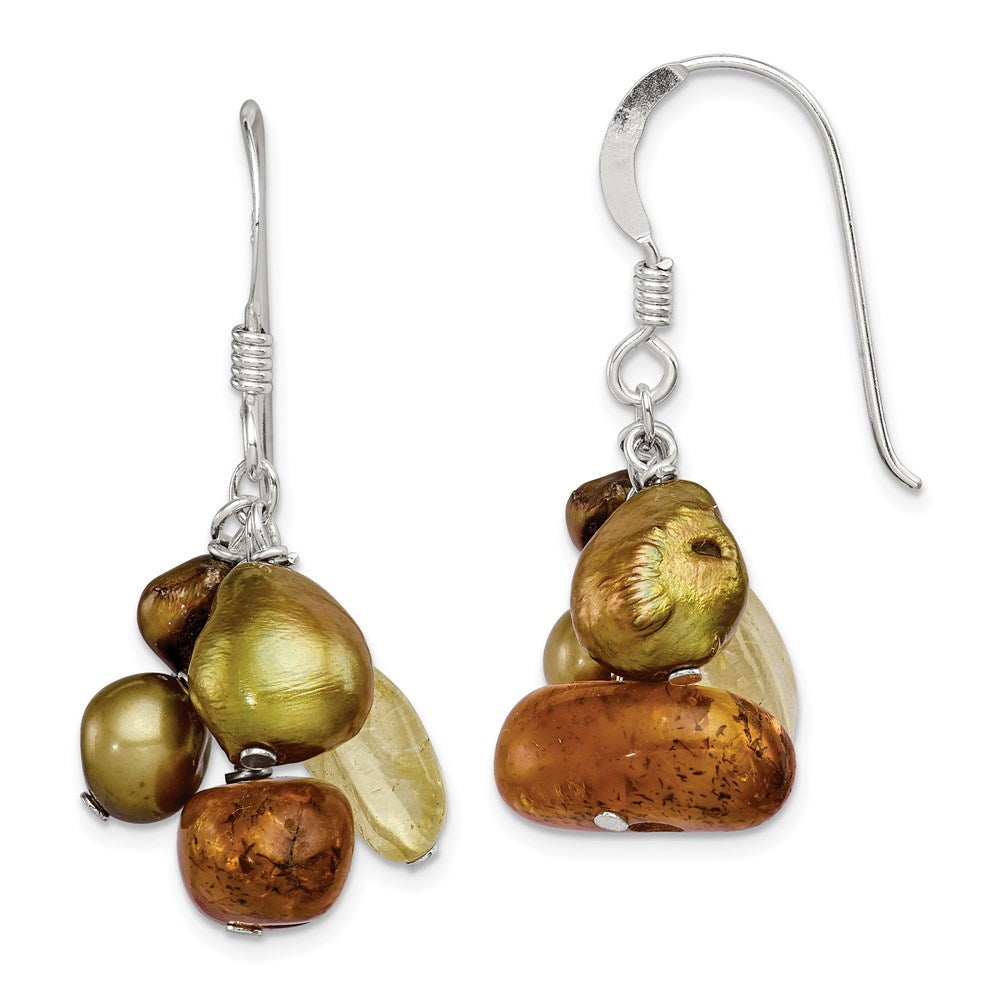 Sterling silver;Dyed;Citrine;Freshwater cultured pearl;Shepherd hook;Dangle;Natural stone