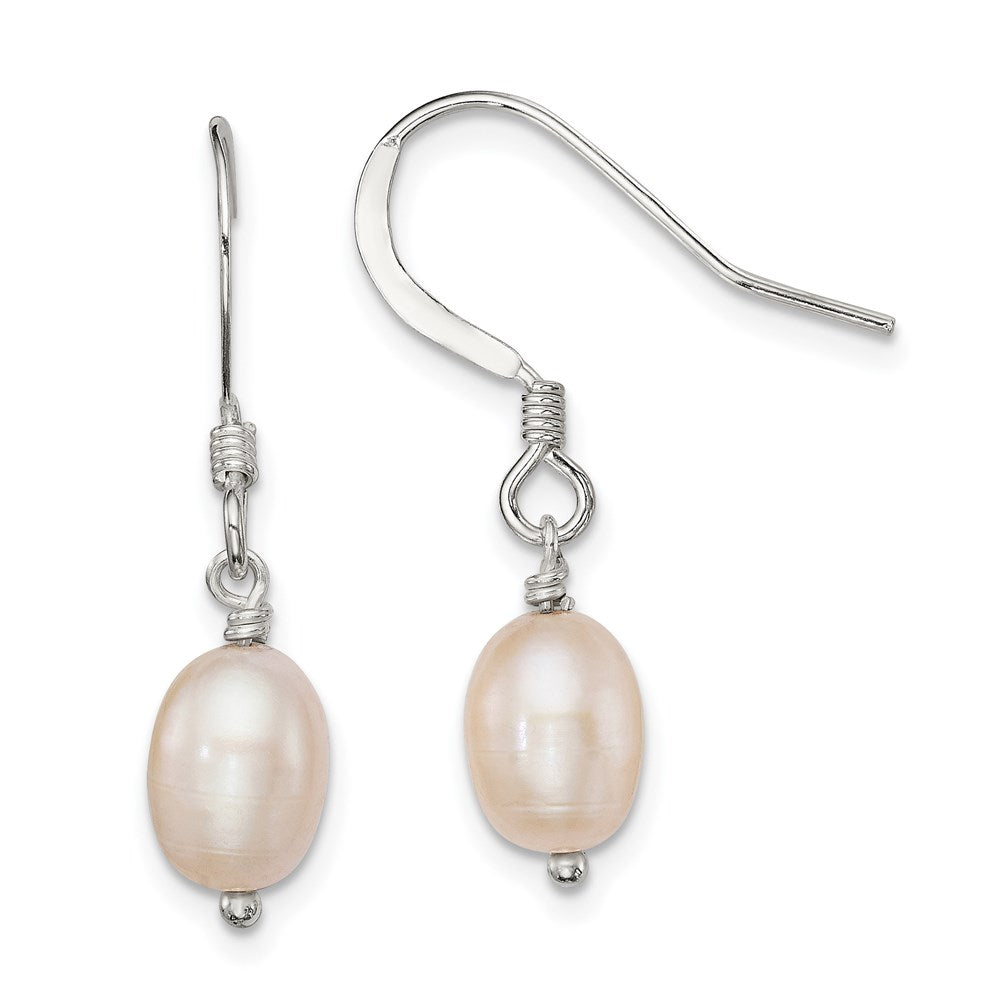 Polished;Sterling silver;Freshwater cultured pearl;Shepherd hook;Dangle;Pink