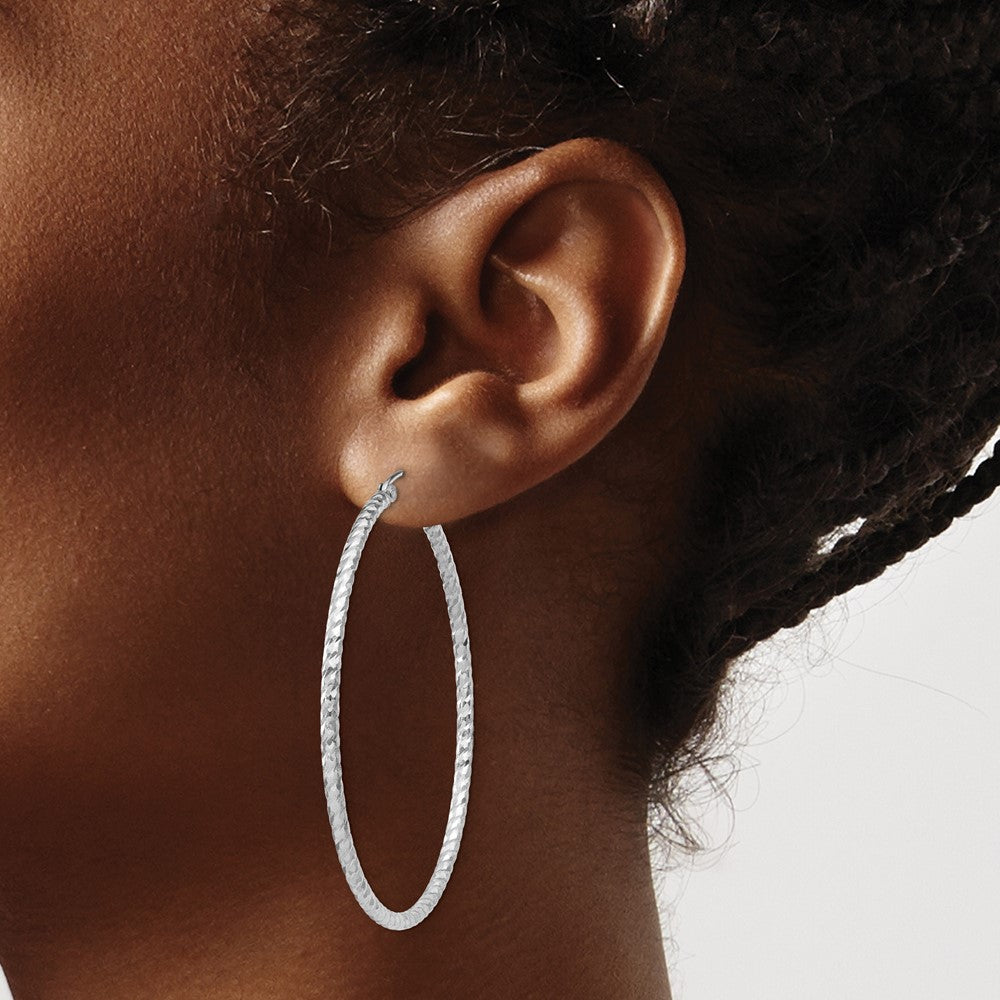 Sterling Silver Rhodium Plated Diamond-cut 2x50mm Hoop Earrings