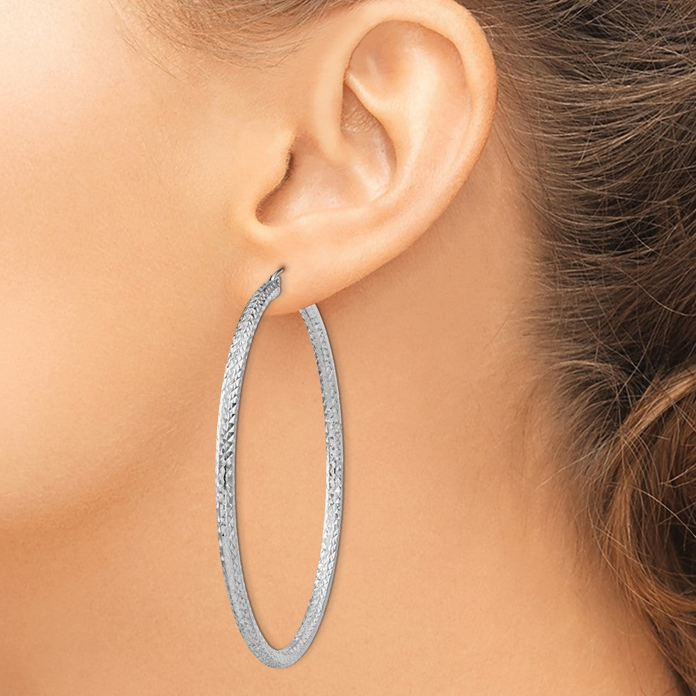 Sterling Silver Rhodium-plated D/C 3x65mm Hoop Earrings