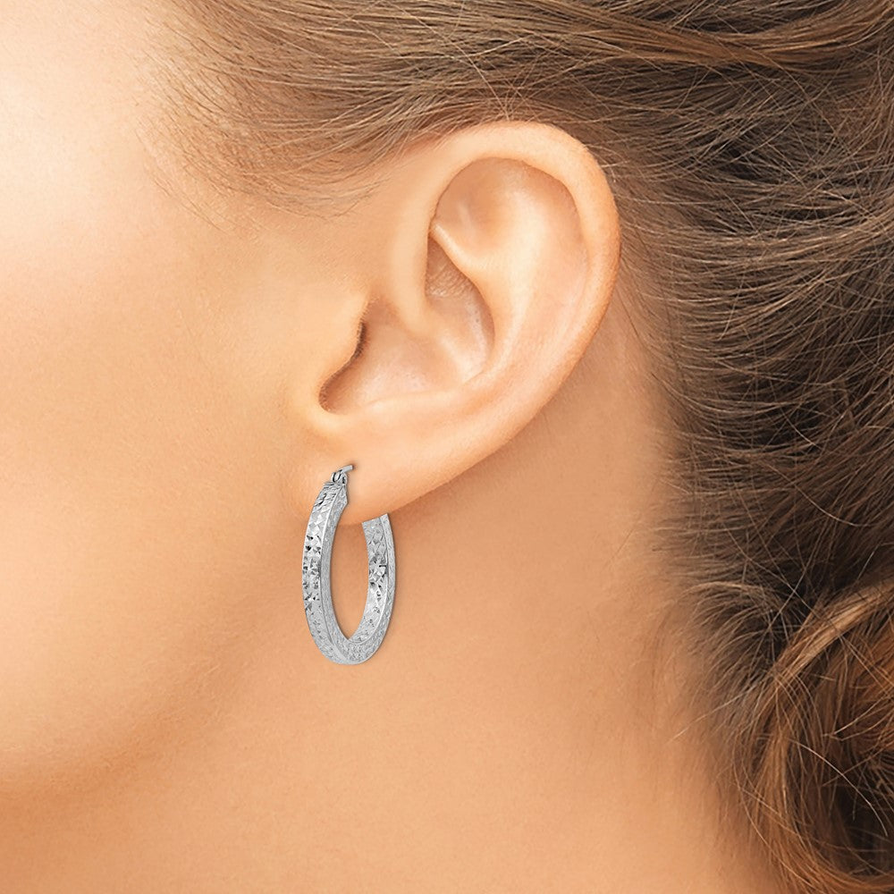 Sterling Silver Rhodium-plated Diamond-cut 3x25mm Square Tube Hoop Earrings
