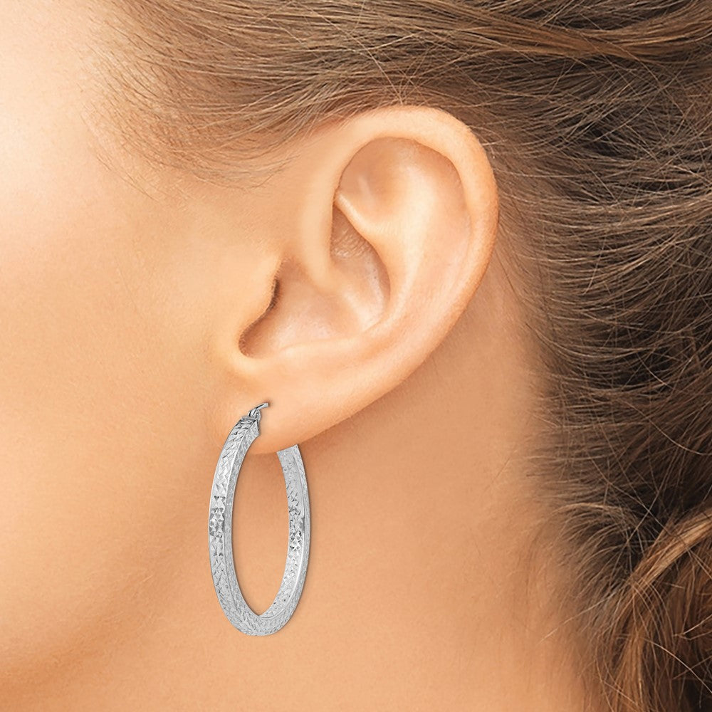 Sterling Silver Rhodium-plated Diamond-cut 3x35mm Square Tube Hoop Earrings