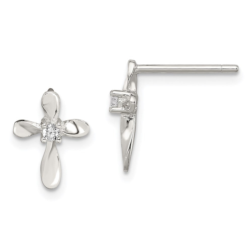 Polished;Post;Sterling silver;CZ;Cross