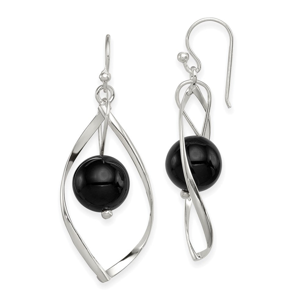Polished;Sterling silver;Onyx;Shepherd hook;Dangle;Twisted