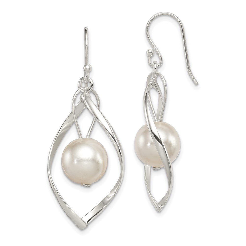 Polished;Sterling silver;Shepherd hook;Dangle;Simulated pearl;Twisted
