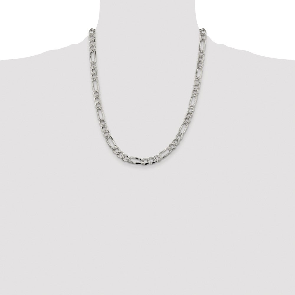 Sterling Silver Rhodium-plated 7.25mm Pav Flat Figaro Chain