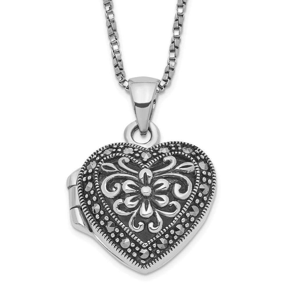 Casted;Polished;Antique finish;Spring Ring;Sterling silver;Marcasite;Rhodium-plated;18in chain;18mm