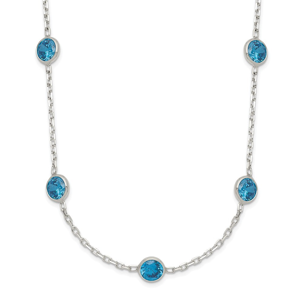 Polished;Spring Ring;Sterling silver;18in chain;Blue CZ