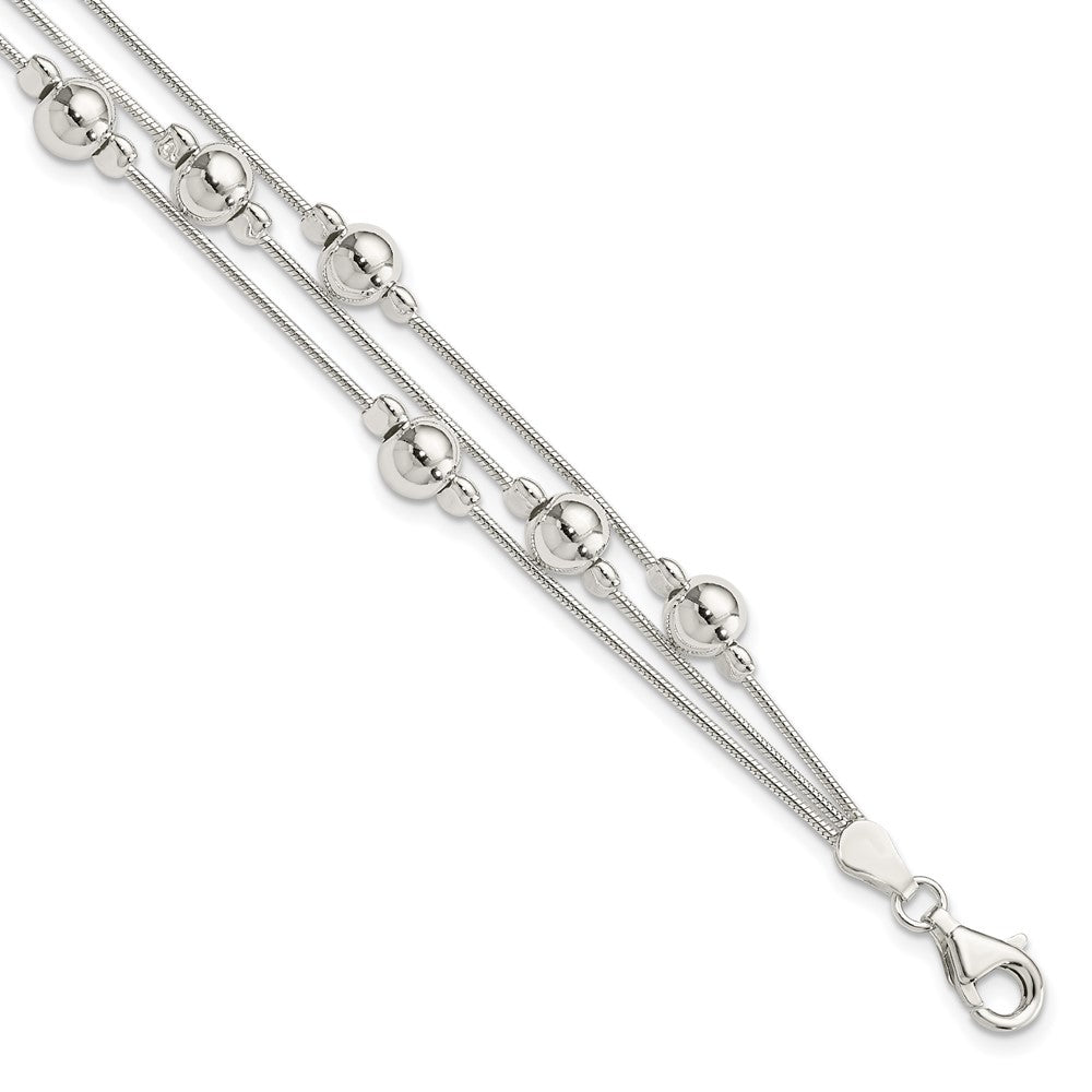 Polished;Sterling silver;Fancy lobster;3-strand;Beaded
