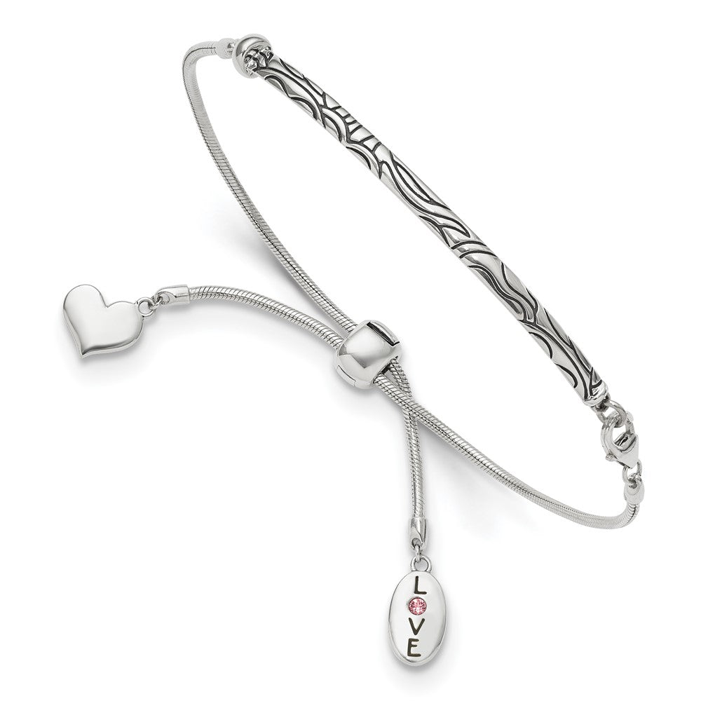 Polished;Fold-over;Sterling silver;Adjustable;Love;Antiqued;Pink;Swarovski crystals