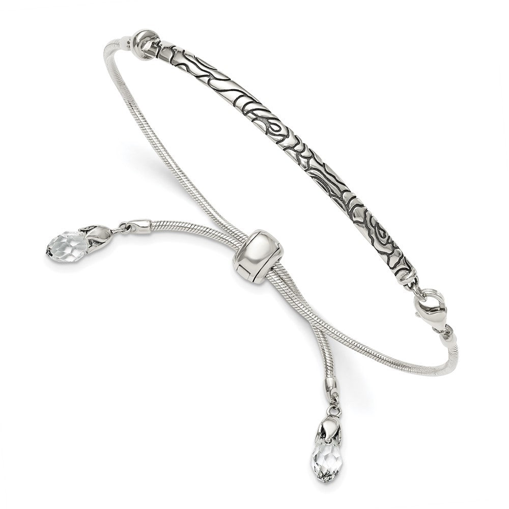 Polished;Sterling silver;Adjustable;Antiqued;Swarovski crystals