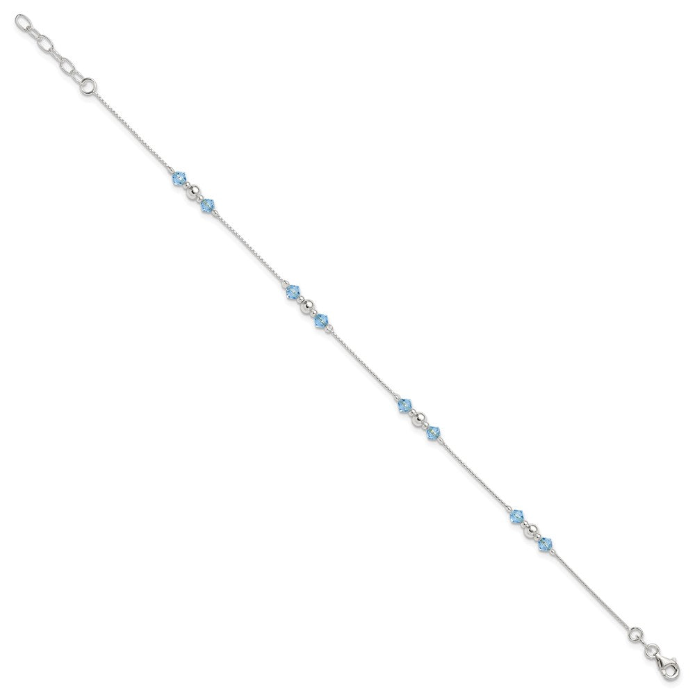 Sterling Silver Bead and Blue CZ 9 inch Plus 1 inch Extender - Total 10 inch Anklet
