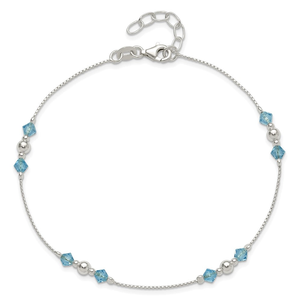 Sterling Silver Bead and Blue CZ 9 inch Plus 1 inch Extender - Total 10 inch Anklet