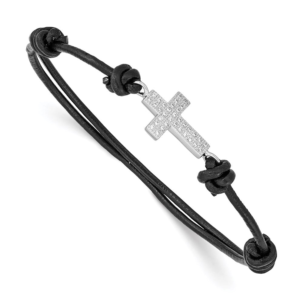 Sterling silver;CZ;Leather;Adjustable;Black