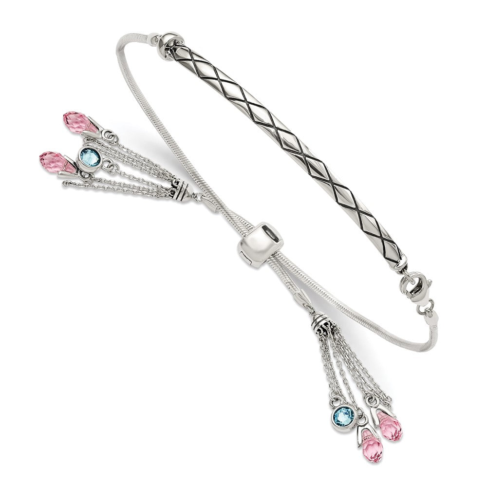 Polished;Sterling silver;Adjustable;Antiqued;Blue;Pink;Swarovski crystals