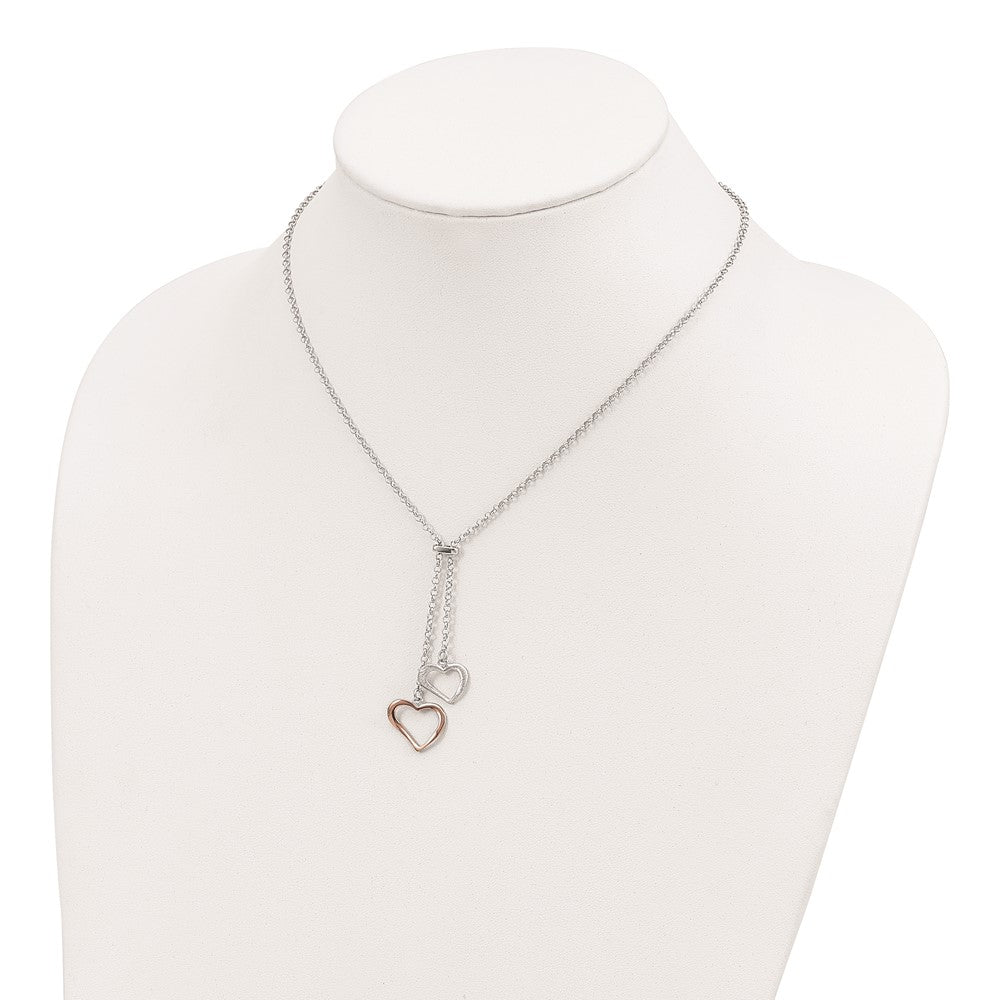 Sterling Silver Rose-tone Polished Textured 2-Heart Necklace