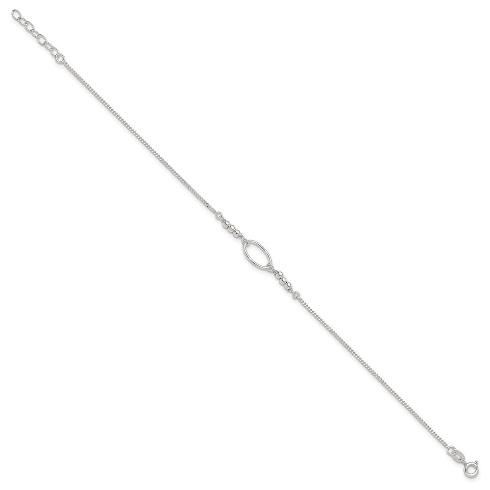 Sterling Silver Oval Link and Beads 9 inch Plus 1 inch Extender - Total 10 inch Anklet
