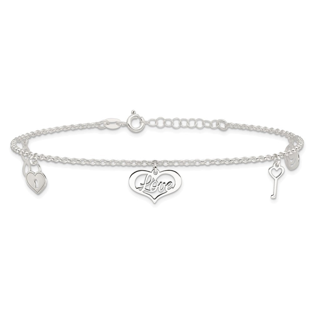 Sterling Silver Love Dangles 9 inch Plus 1 inch Extender - Total 10 inch Anklet