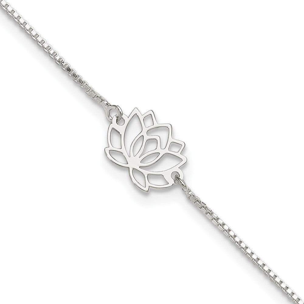 Sterling Silver Lotus with Blue Fabric Tassel 9 inch Plus 1 inch Extender - Total 10 inch Anklet