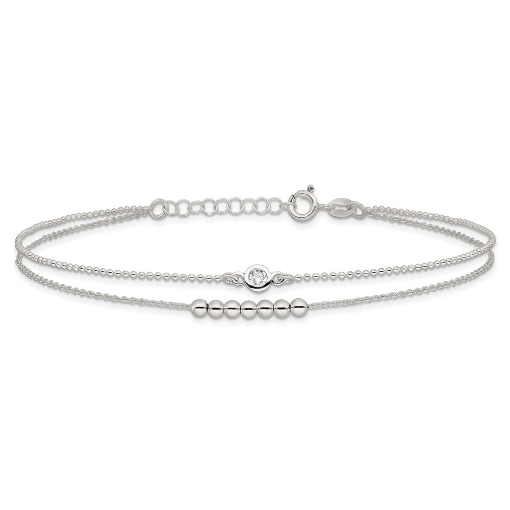Sterling Silver 2-Strand Beaded CZ 9 inch Plus 1 inch Extender - Total 10 inch Anklet