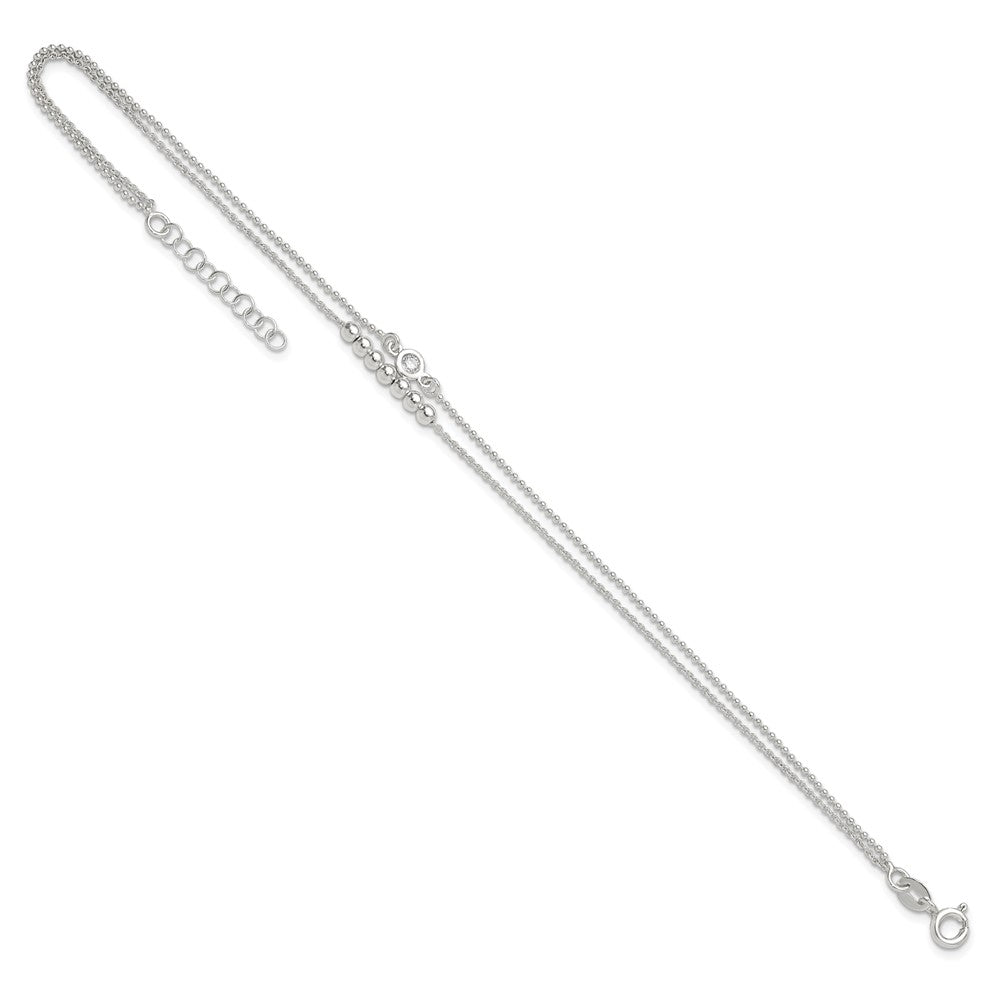 Sterling Silver 2-Strand Beaded CZ 9 inch Plus 1 inch Extender - Total 10 inch Anklet